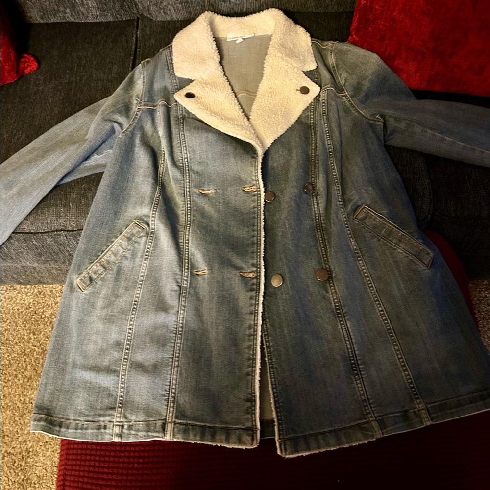 Lane Bryant Blue Denim Jacket with Cream Shearling